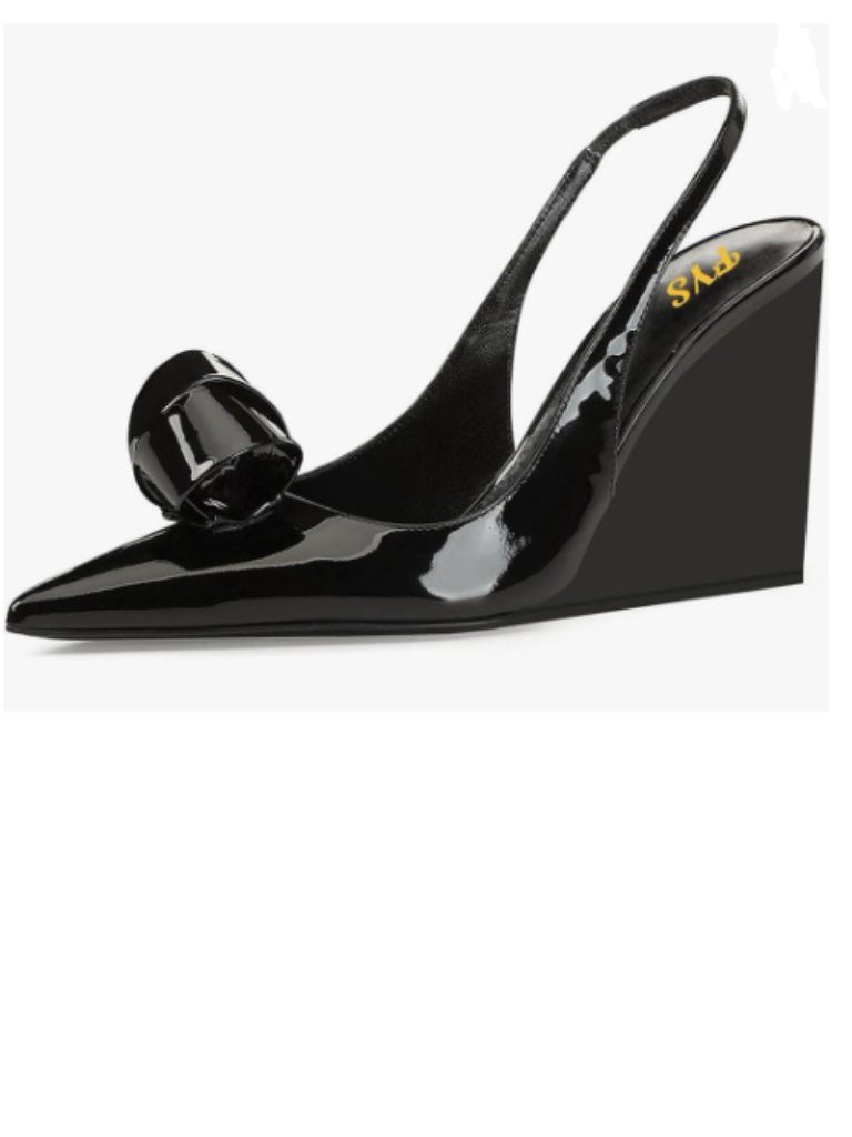 Fys Black Bow Pointed Toe Wedge Pumps Slip On High Heel Slingbacks Stable Shoes